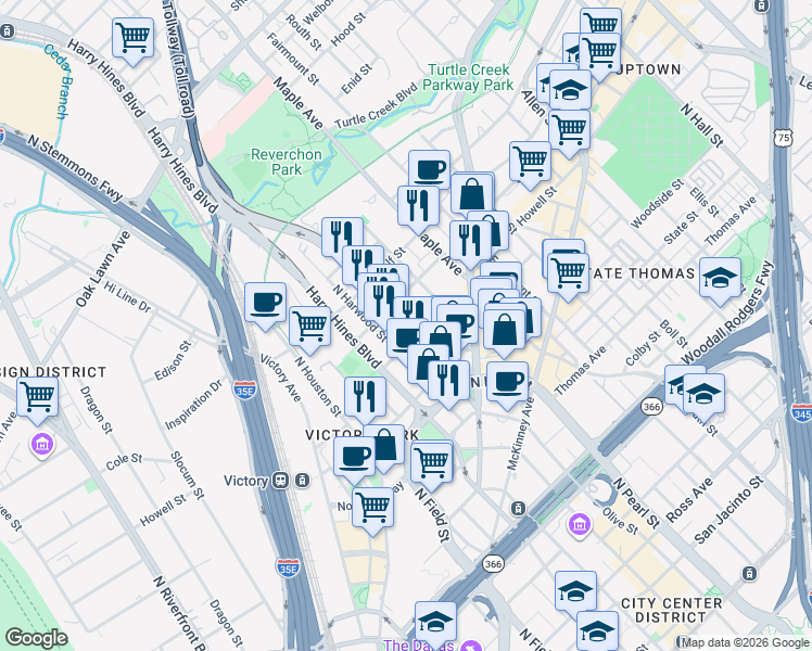 map of restaurants, bars, coffee shops, grocery stores, and more near 2840 McKinnon Street in Dallas