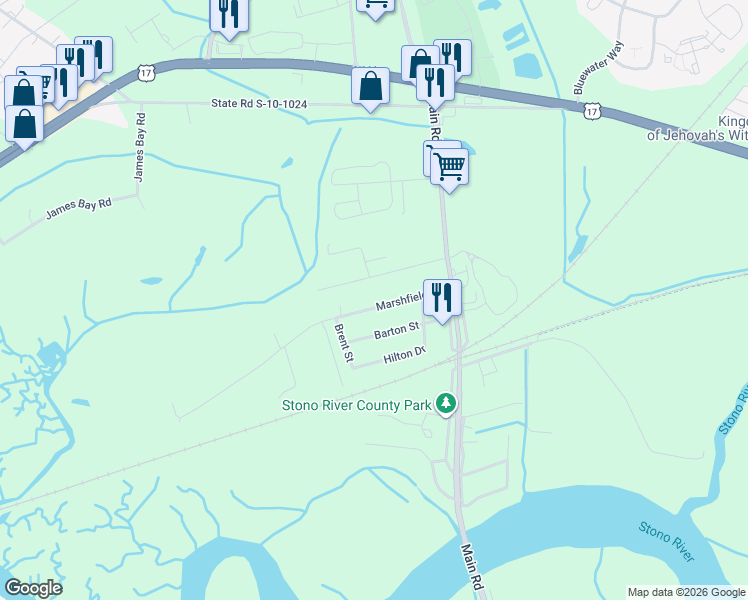 map of restaurants, bars, coffee shops, grocery stores, and more near 3640 Marshfield Road in Johns Island