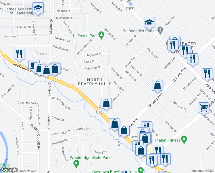 map of restaurants, bars, coffee shops, grocery stores, and more near 2301 True Avenue in Fort Worth