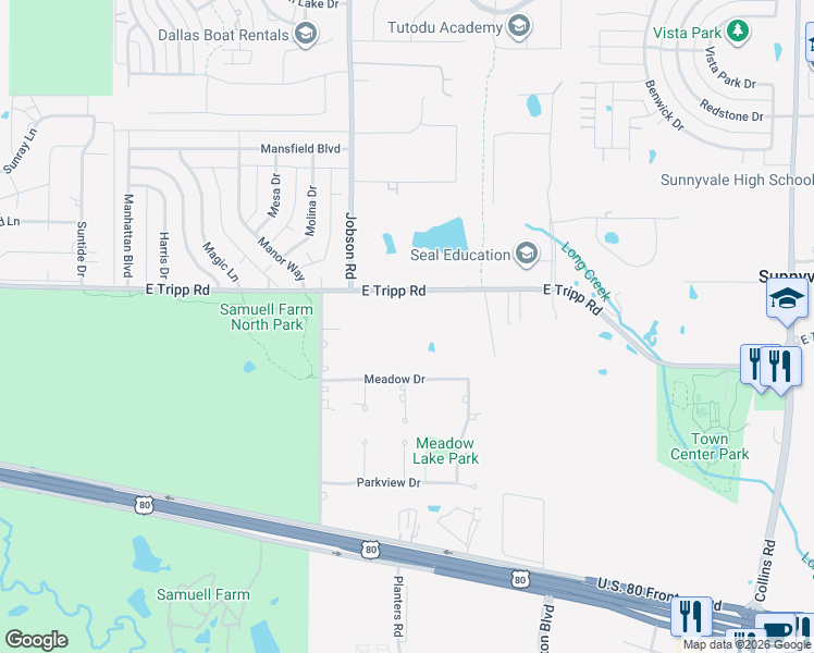 map of restaurants, bars, coffee shops, grocery stores, and more near 314 East Tripp Road in Mesquite