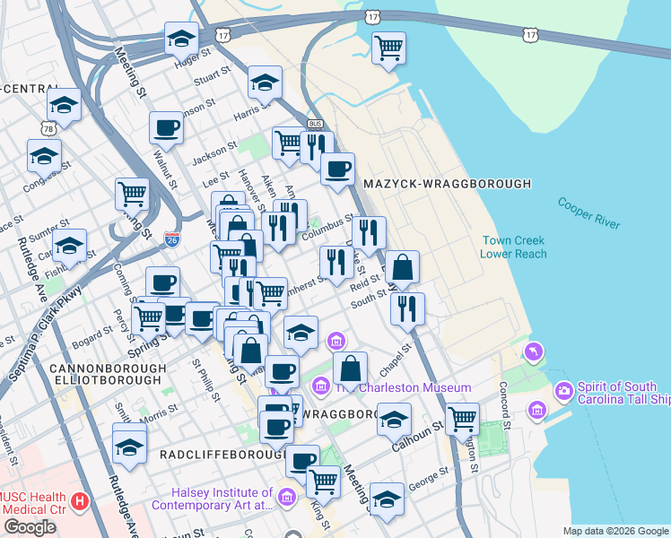 map of restaurants, bars, coffee shops, grocery stores, and more near in Charleston