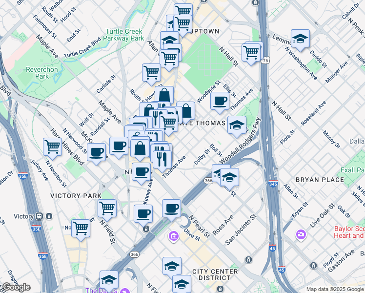 map of restaurants, bars, coffee shops, grocery stores, and more near 2500 State Street in Dallas