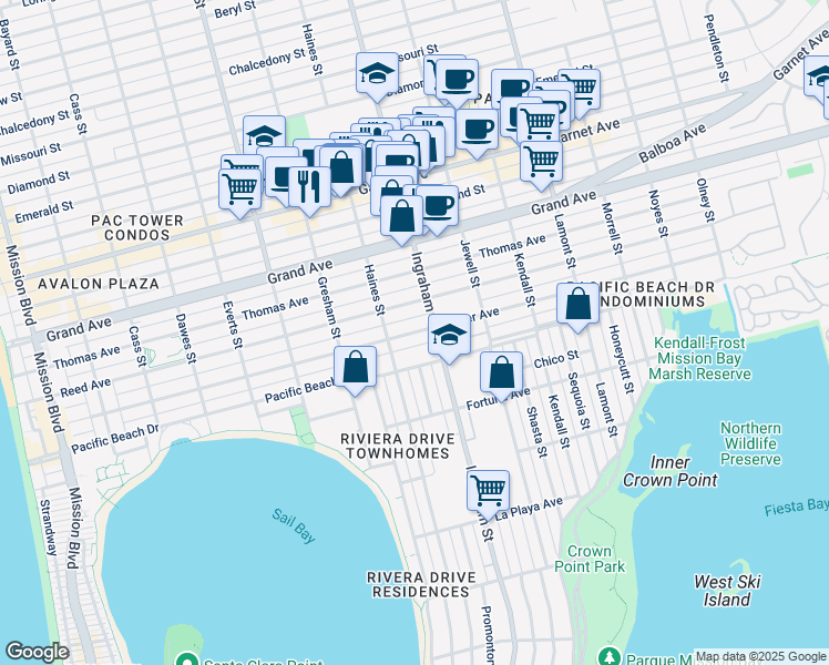 map of restaurants, bars, coffee shops, grocery stores, and more near Oliver Avenue in San Diego