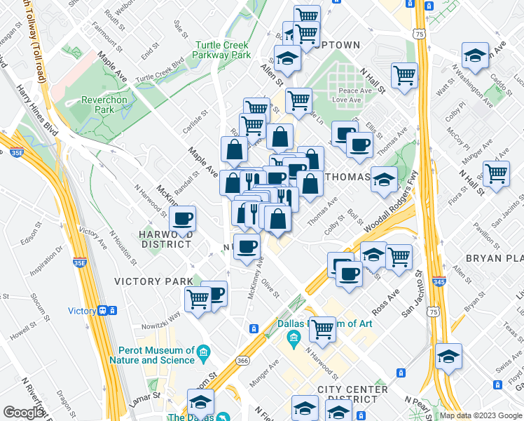 map of restaurants, bars, coffee shops, grocery stores, and more near 2401 McKinney Avenue in Dallas