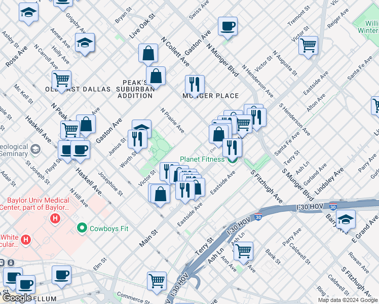 map of restaurants, bars, coffee shops, grocery stores, and more near 4705 Reiger Avenue in Dallas