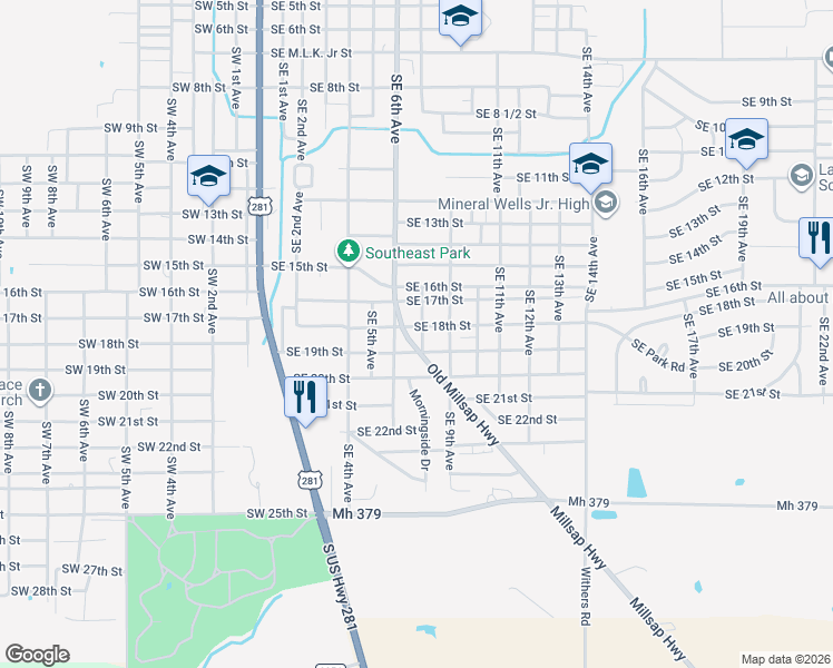 map of restaurants, bars, coffee shops, grocery stores, and more near 1908 Old Millsap Highway in Mineral Wells