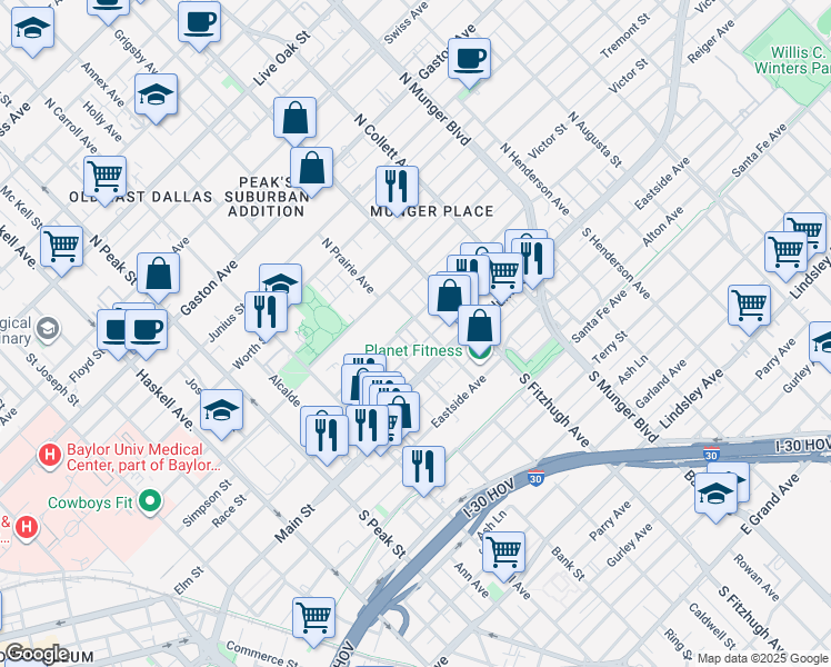 map of restaurants, bars, coffee shops, grocery stores, and more near 4722 Reiger Avenue in Dallas