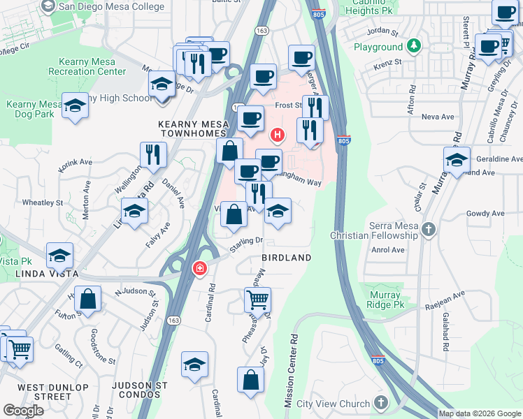 map of restaurants, bars, coffee shops, grocery stores, and more near 7899 Vista Hill Avenue in San Diego