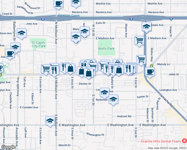 map of restaurants, bars, coffee shops, grocery stores, and more near in El Cajon