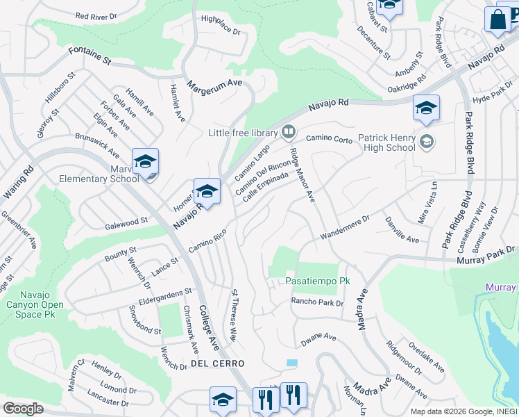 map of restaurants, bars, coffee shops, grocery stores, and more near 6159-6165 Caminito Pan in San Diego