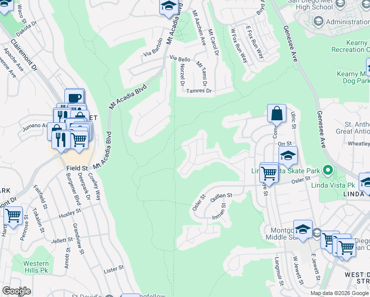 map of restaurants, bars, coffee shops, grocery stores, and more near 220 Wheatstone Street in San Diego