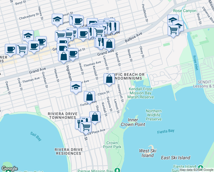 map of restaurants, bars, coffee shops, grocery stores, and more near 4065 Sequoia Street in San Diego