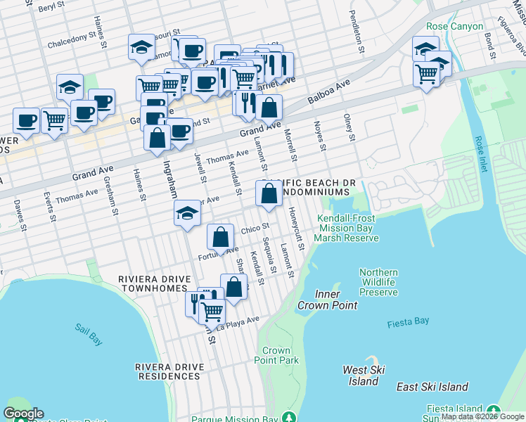 map of restaurants, bars, coffee shops, grocery stores, and more near 4065 Sequoia Street in San Diego