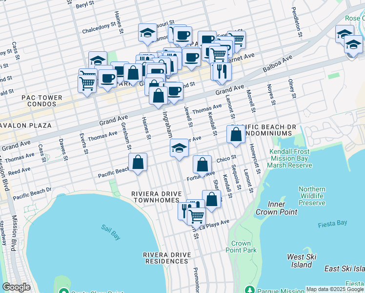 map of restaurants, bars, coffee shops, grocery stores, and more near 4109 Ingraham Street in San Diego