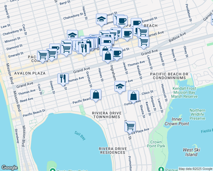 map of restaurants, bars, coffee shops, grocery stores, and more near 1477 Oliver Avenue in San Diego