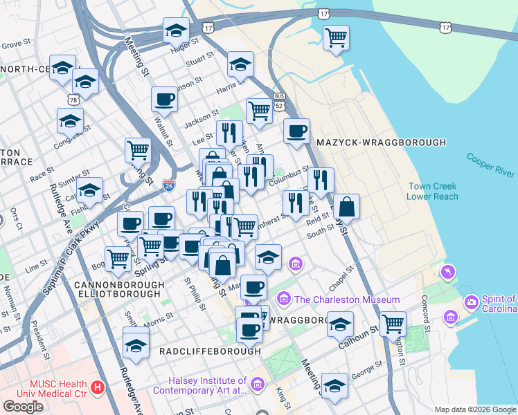 map of restaurants, bars, coffee shops, grocery stores, and more near 18 Hanover Street in Charleston