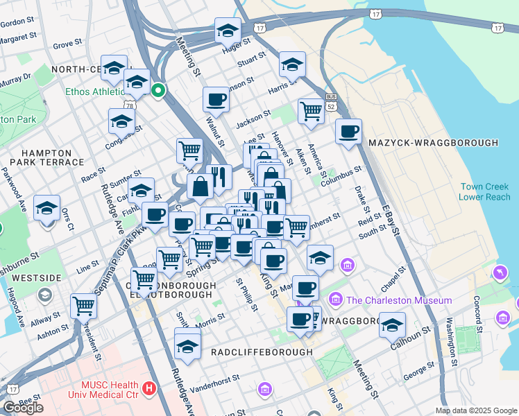map of restaurants, bars, coffee shops, grocery stores, and more near 131 Columbus Street in Charleston