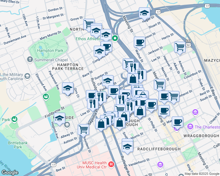 map of restaurants, bars, coffee shops, grocery stores, and more near 126 Sheppard Street in Charleston