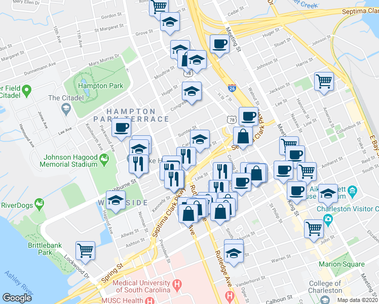 map of restaurants, bars, coffee shops, grocery stores, and more near 146 Fishburne Street in Charleston