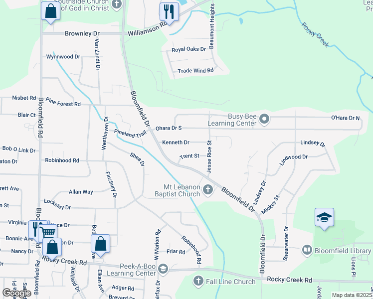 map of restaurants, bars, coffee shops, grocery stores, and more near 3545 Trent Street in Macon