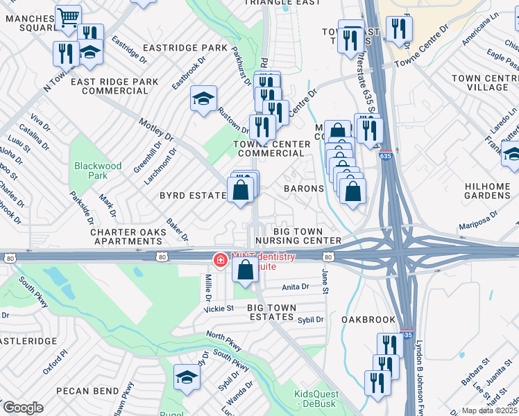 map of restaurants, bars, coffee shops, grocery stores, and more near 2201 Gus Thomasson Road in Mesquite