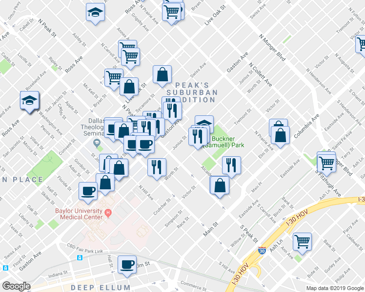 map of restaurants, bars, coffee shops, grocery stores, and more near 4403 Worth Street in Dallas