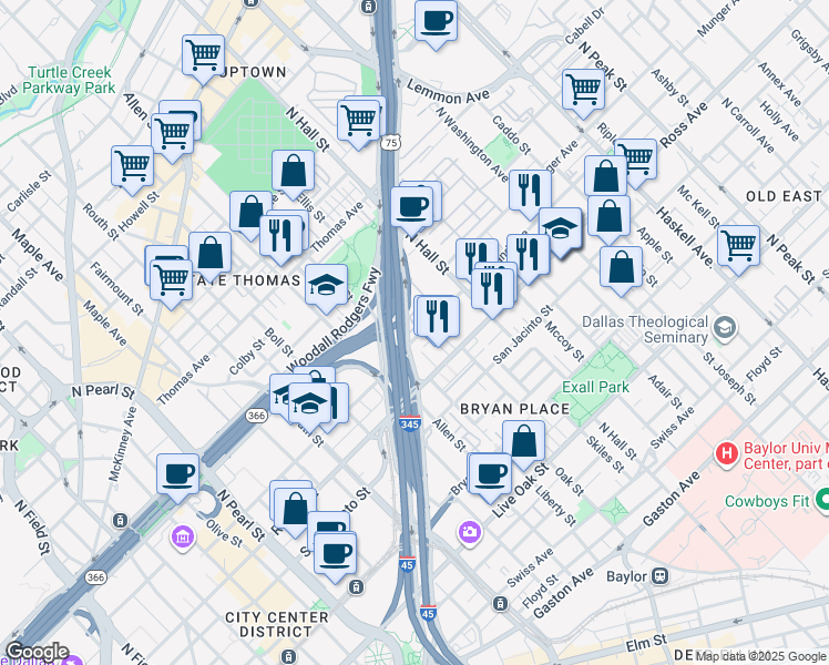 map of restaurants, bars, coffee shops, grocery stores, and more near 3016 Flora Street in Dallas