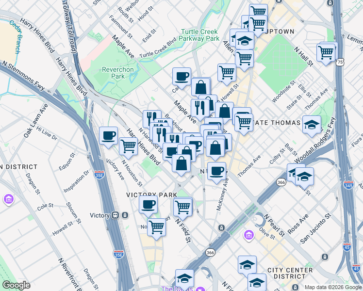 map of restaurants, bars, coffee shops, grocery stores, and more near 2728 McKinnon Street in Dallas