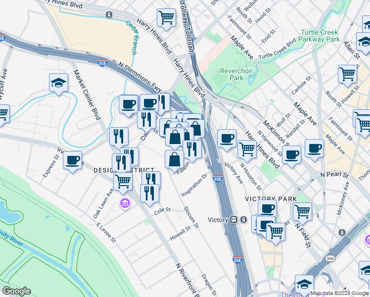 map of restaurants, bars, coffee shops, grocery stores, and more near 1548 Slocum Street in Dallas
