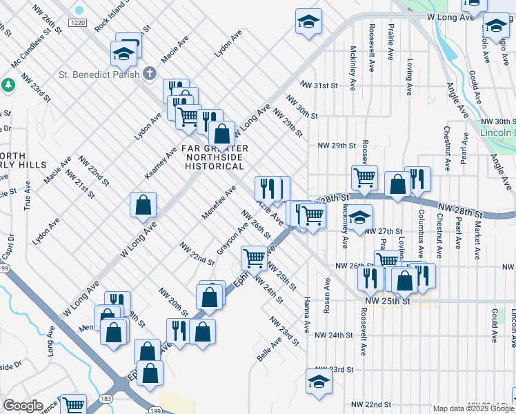 map of restaurants, bars, coffee shops, grocery stores, and more near 2500 Northwest 26th Street in Fort Worth