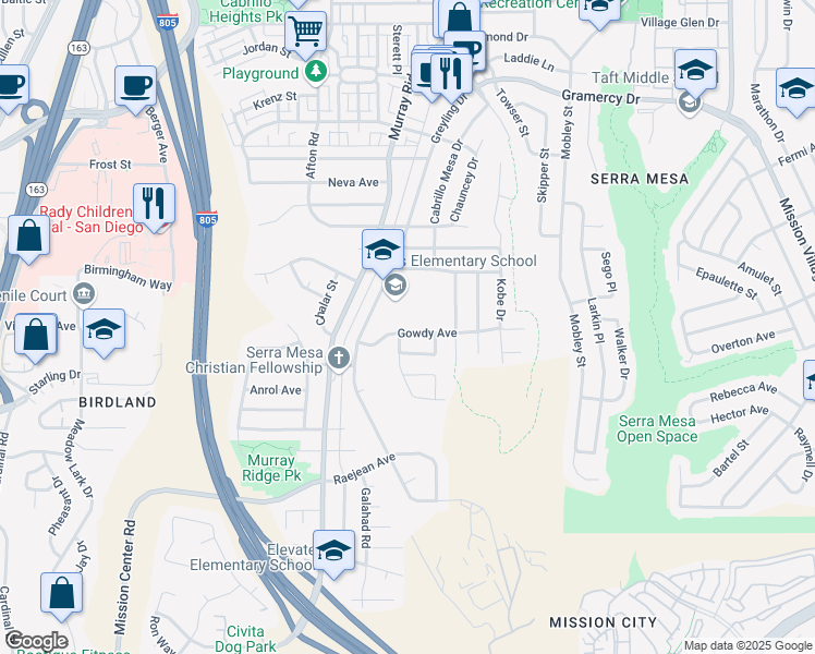 map of restaurants, bars, coffee shops, grocery stores, and more near 8868 Gowdy Avenue in San Diego