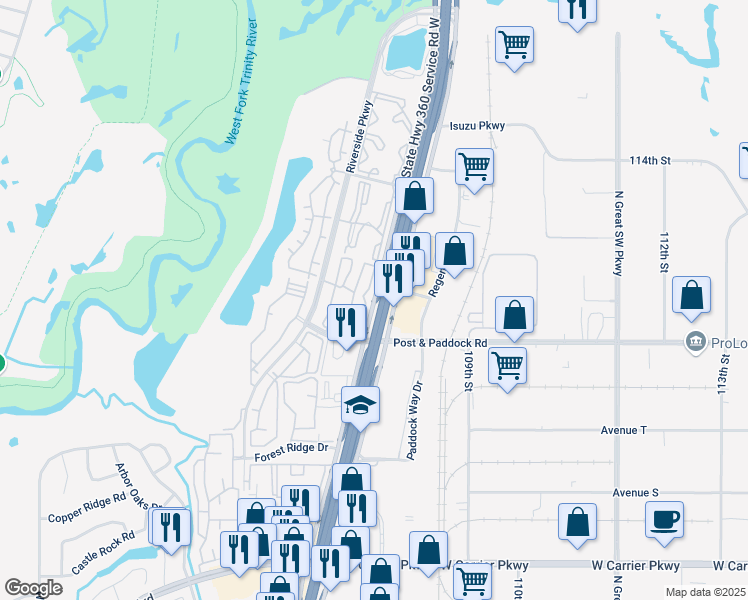map of restaurants, bars, coffee shops, grocery stores, and more near 2535 North State Highway 360 Service Road West in Grand Prairie