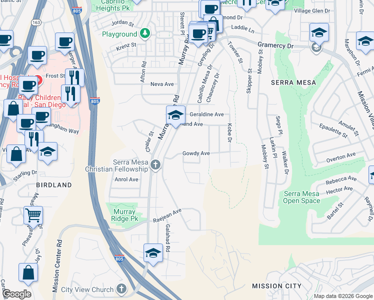 map of restaurants, bars, coffee shops, grocery stores, and more near 8868 Gowdy Avenue in San Diego