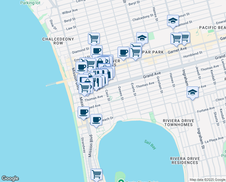 map of restaurants, bars, coffee shops, grocery stores, and more near 1050 Thomas Avenue in San Diego