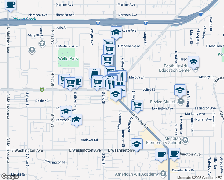 map of restaurants, bars, coffee shops, grocery stores, and more near 1299 East Main Street in El Cajon