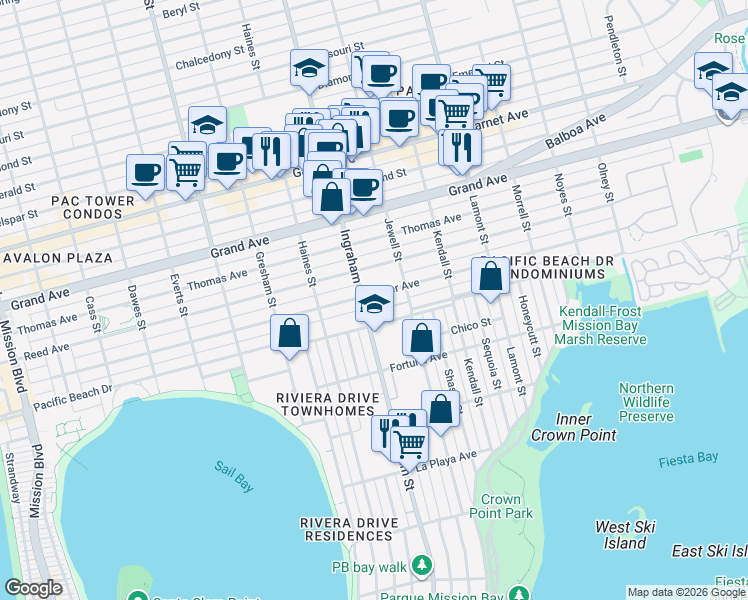 map of restaurants, bars, coffee shops, grocery stores, and more near 4135 Ingraham Street in San Diego