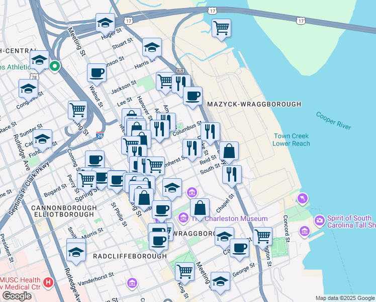 map of restaurants, bars, coffee shops, grocery stores, and more near in Charleston