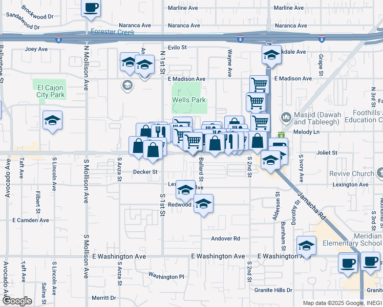 map of restaurants, bars, coffee shops, grocery stores, and more near E Main St & Safari Dr in El Cajon