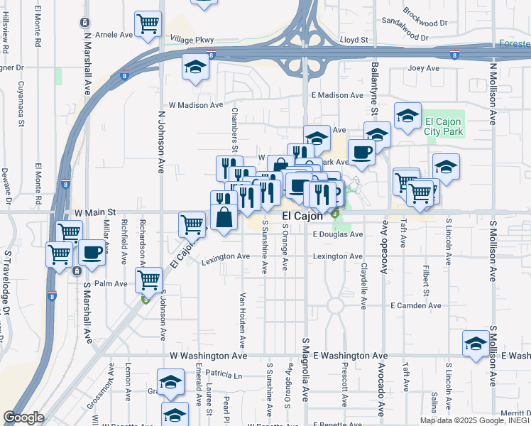 map of restaurants, bars, coffee shops, grocery stores, and more near 290 West Main Street in El Cajon