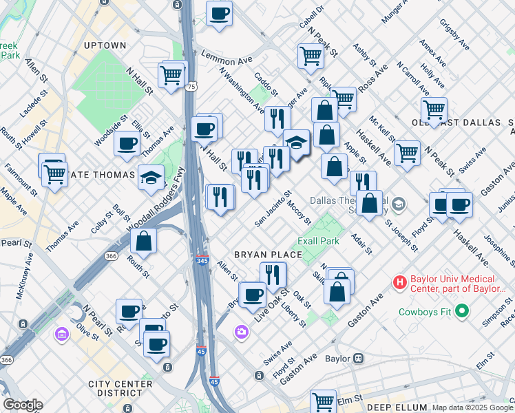 map of restaurants, bars, coffee shops, grocery stores, and more near 1619 North Hall Street in Dallas