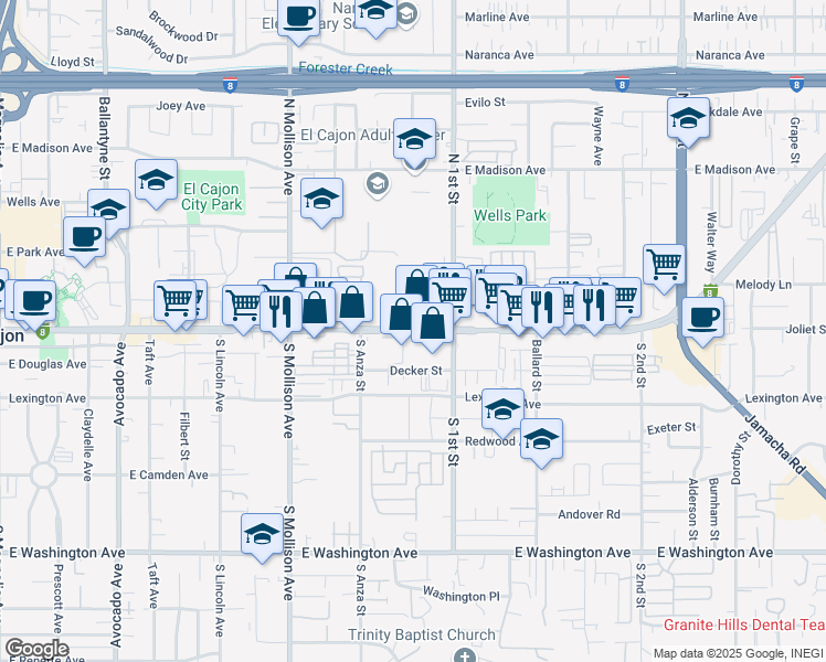 map of restaurants, bars, coffee shops, grocery stores, and more near 1055 Main in El Cajon