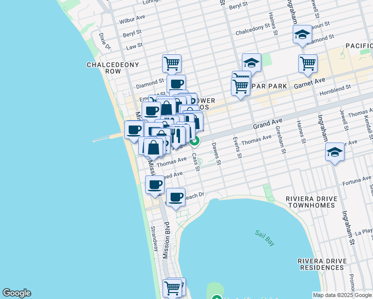 map of restaurants, bars, coffee shops, grocery stores, and more near Grand Avenue in San Diego