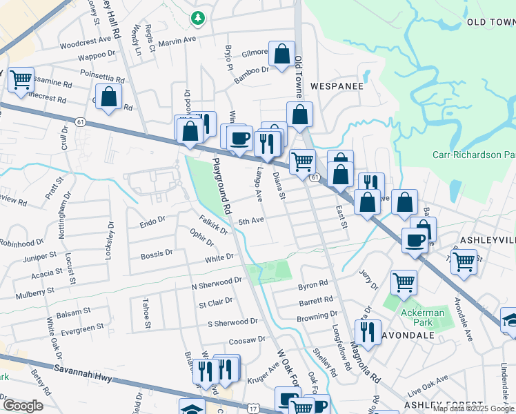 map of restaurants, bars, coffee shops, grocery stores, and more near 1336 5th Avenue in Charleston