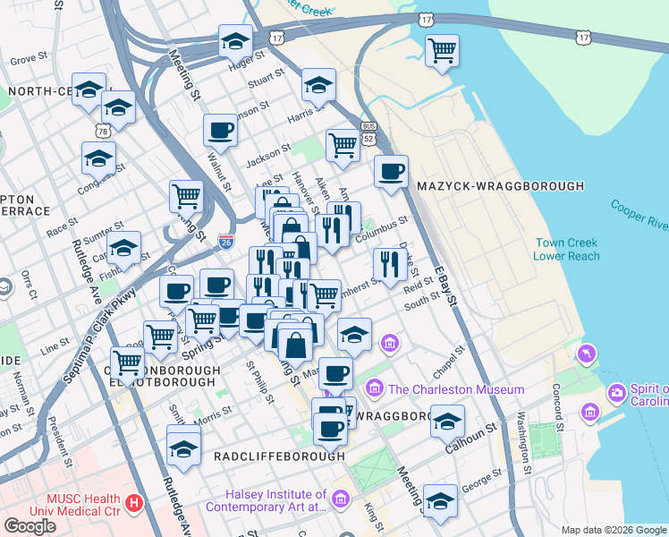 map of restaurants, bars, coffee shops, grocery stores, and more near 52 Nassau Street in Charleston