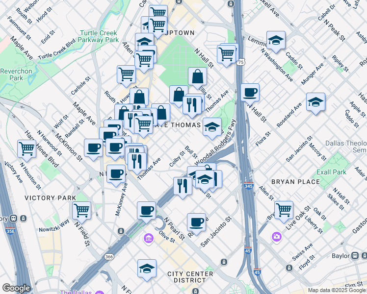map of restaurants, bars, coffee shops, grocery stores, and more near 2644 Colby Street in Dallas