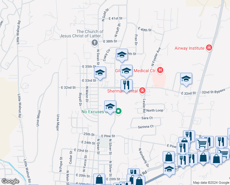 map of restaurants, bars, coffee shops, grocery stores, and more near 3200 North Silver Street in Silver City