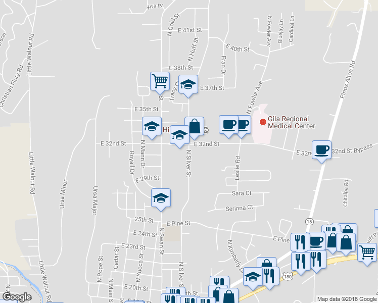 map of restaurants, bars, coffee shops, grocery stores, and more near 3200 North Silver Street in Silver City