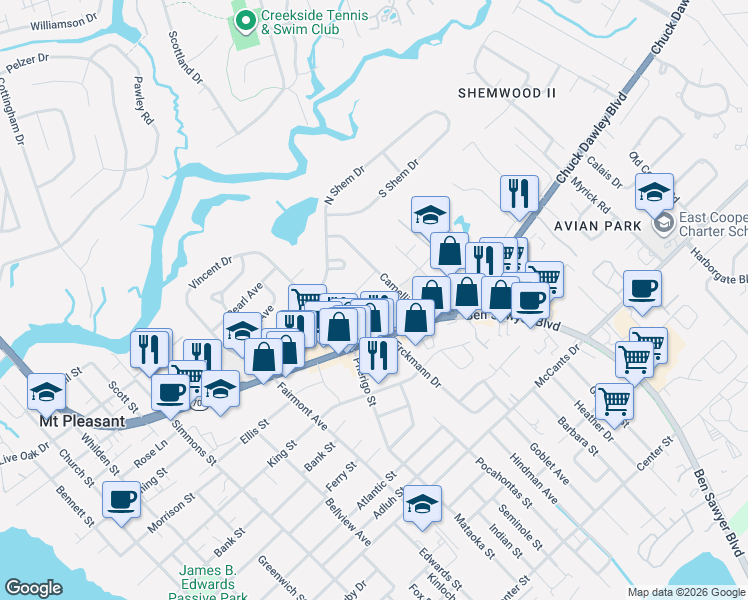 map of restaurants, bars, coffee shops, grocery stores, and more near 826 Toler Drive in Mount Pleasant