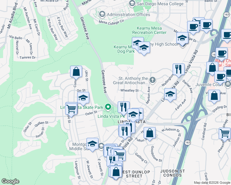 map of restaurants, bars, coffee shops, grocery stores, and more near 7033 Osler Street in San Diego