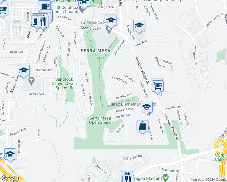map of restaurants, bars, coffee shops, grocery stores, and more near 9142 Irvington Avenue in San Diego